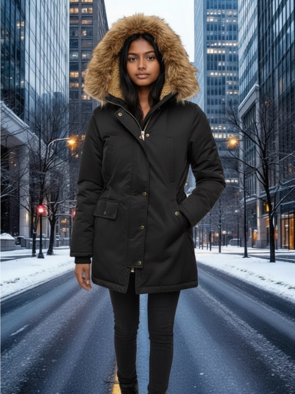 Theory Black Puffer Parka with Camel Fur Trim size M